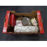 A box of miscellany to include ceramic money box, Portuguese vase, assorted folded maps,