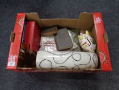 A box of miscellany to include ceramic money box, Portuguese vase, assorted folded maps,