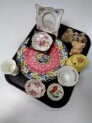 A tray of ceramics, Maling wall plaque, boxed Royal Crown Derby dish, Wedgwood vase,