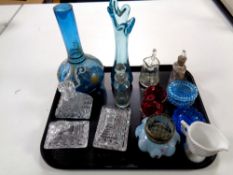A tray of antique and later glass ware, Davidsons glass jug, Cranberry glass, etched glass jug,
