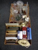 Three boxes of pressed glass, telephone,