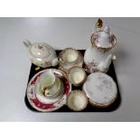 A tray containing assorted ceramics to include Royal Albert Cottage Garden teapot on stand,