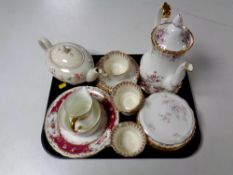 A tray containing assorted ceramics to include Royal Albert Cottage Garden teapot on stand,