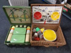 A mid 20th century Brexton picnic set together with a further set in wicker hamper.