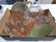 A box of 20th century glass ware, coloured glass dessert bowls, candlesticks, comport etc,