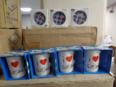 Four boxes of I Love Scotland mugs and coasters (boxed, new).