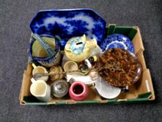 A box of antique and later ceramics, blue and white meat plate, pottery money box,