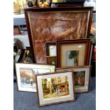 An oil on canvas, woodland scene, together with seven further Edwardian and later framed prints.