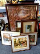 An oil on canvas, woodland scene, together with seven further Edwardian and later framed prints.
