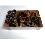 A tray containing antique and later metal wares to include trench art vase,