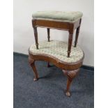 An antique kidney shaped Queen Anne dressing table stool together with a further footstool.