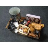 A box of a large quantity of ceramic dog figures, nodding dog teapot, wall clock etc.