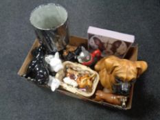 A box of a large quantity of ceramic dog figures, nodding dog teapot, wall clock etc.