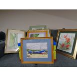 A Margaret Kidd watercolour, poppies, together with six further contemporary watercolours.