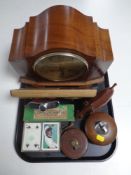 A tray of walnut cased Art Deco mantel clock (a/f), hip flask, table lighter,