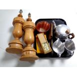 A tray of three piece Picquot ware tea service, pair of wooden table lamps, carnival glass bowl etc.