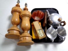 A tray of three piece Picquot ware tea service, pair of wooden table lamps, carnival glass bowl etc.