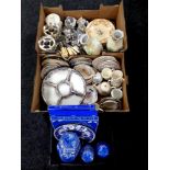 Two boxes and a basket of a quantity of miscellaneous china, Ringtons china, cutlery etc.