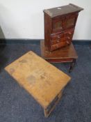 An antique pine miniature press together with an antique pine stool and miniature folding trestle