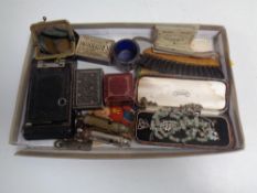 A box of miscellany to include Boy Scout and Metropolitan whistle, Georgian pennies,