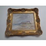 A Nancie Foster oil on board, Bamburgh Castle, in ornate gilt frame.