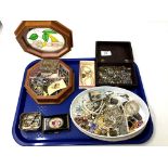 A tray containing costume jewellery, compass, Albert chain etc.