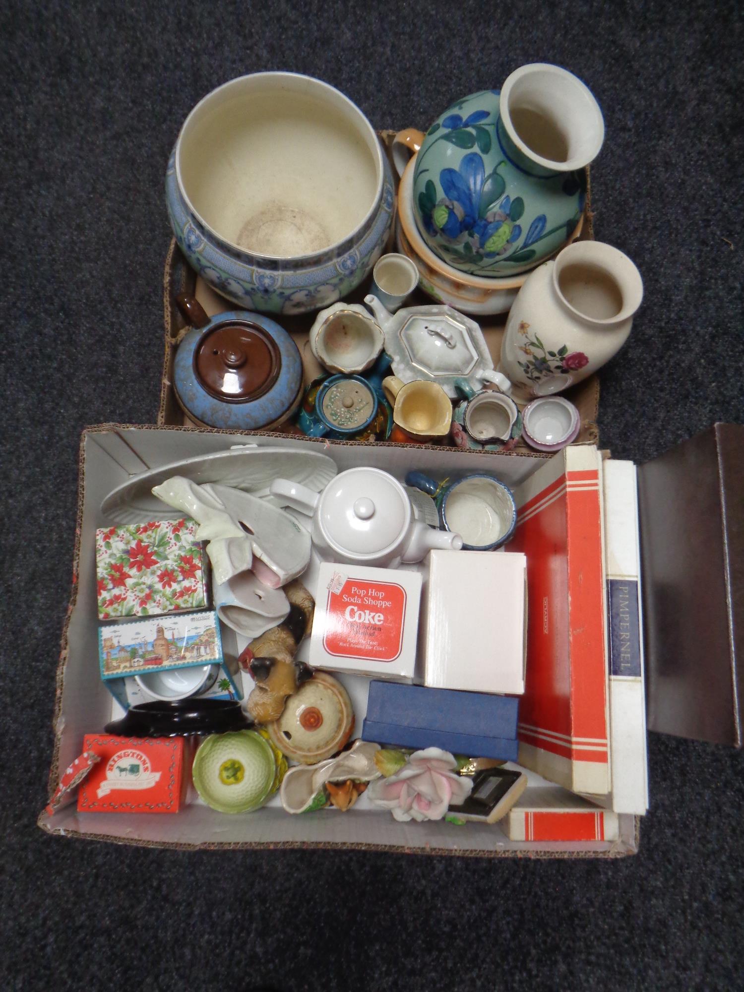 Two boxes of antique and later ceramics, pottery tea pot, vases, preserve pots,