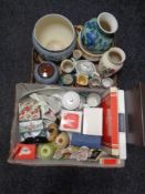 Two boxes of antique and later ceramics, pottery tea pot, vases, preserve pots,