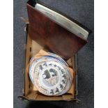 A box of postcard album containing 20th century postcards, antique meat plates,