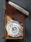 A box of postcard album containing 20th century postcards, antique meat plates,