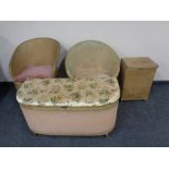 Two gold loom basket chairs together with a gold loom blanket box and linen box.