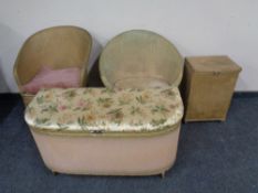 Two gold loom basket chairs together with a gold loom blanket box and linen box.