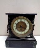 A 19th century marble and black slate mantel clock with brass and enamel dial