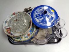 A tray containing miscellany to include willow pattern tureen, Masons plate, glass ware,