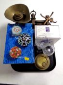 A tray of set of vintage scales with weights, three glass paperweights,