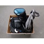 A box of holdall, hiking stick, gloves, scarf, together with a rehabilitation boot.