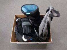 A box of holdall, hiking stick, gloves, scarf, together with a rehabilitation boot.