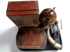 A tray of a vintage Mermaid Milk Chocolate Toffee tin, two Edwardian picture frames, globe on stand,