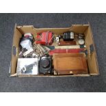 A box of miscellany to include slide rules, JJ Siddons convex iron, Petri camera etc.