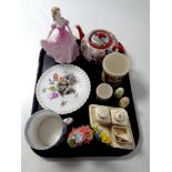 A tray of assorted ceramics to include Wade whimsies, 20th century Japanese teapot,