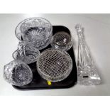 A tray of assorted cut glass and lead crystal to include a Thomas Webb decanter, rose bowls,