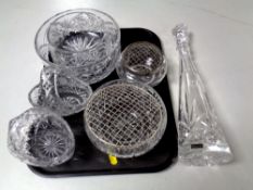 A tray of assorted cut glass and lead crystal to include a Thomas Webb decanter, rose bowls,