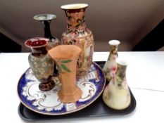 A tray of various china, two Lambeth ware vases,