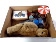 A box of vintage and later toys, tin plated clock work roundabout, Thunderbird 1 rocket,