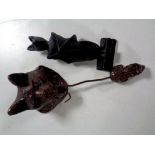 Two cast iron door knockers - Cat with mouse and bat