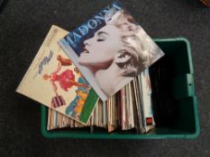 Two crates of vinyl LP's, 78's, singles including Madonna,