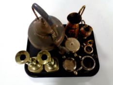 A tray containing antique and later metal wares to include cooper kettle, brass candlesticks,