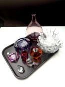 A tray containing 20th century glassware to include dessert bowls, assorted paperweights,