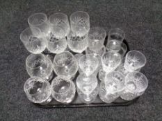A tray containing assorted drinking glasses to include lead crystal whisky tumblers,