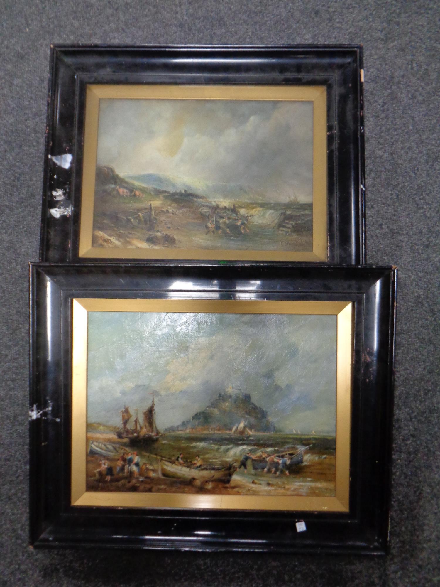 A pair of antiquarian oil paintings on canvas, boats on a shoreline with coast beyond,